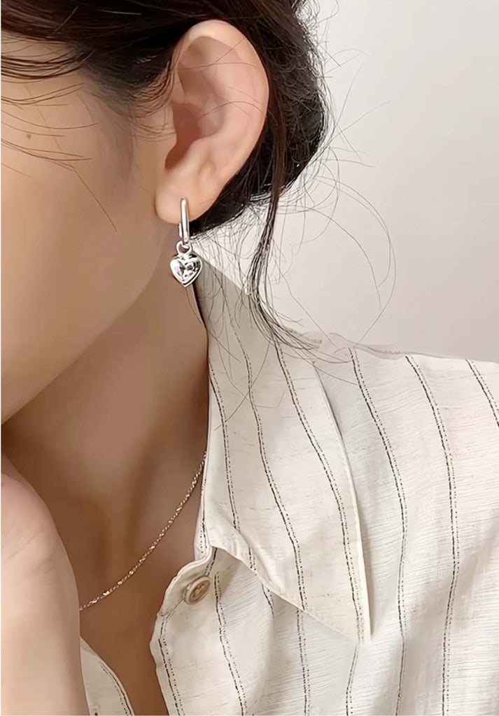 925 Silver Bold Chubby Heart Dangle U One-touch Earring