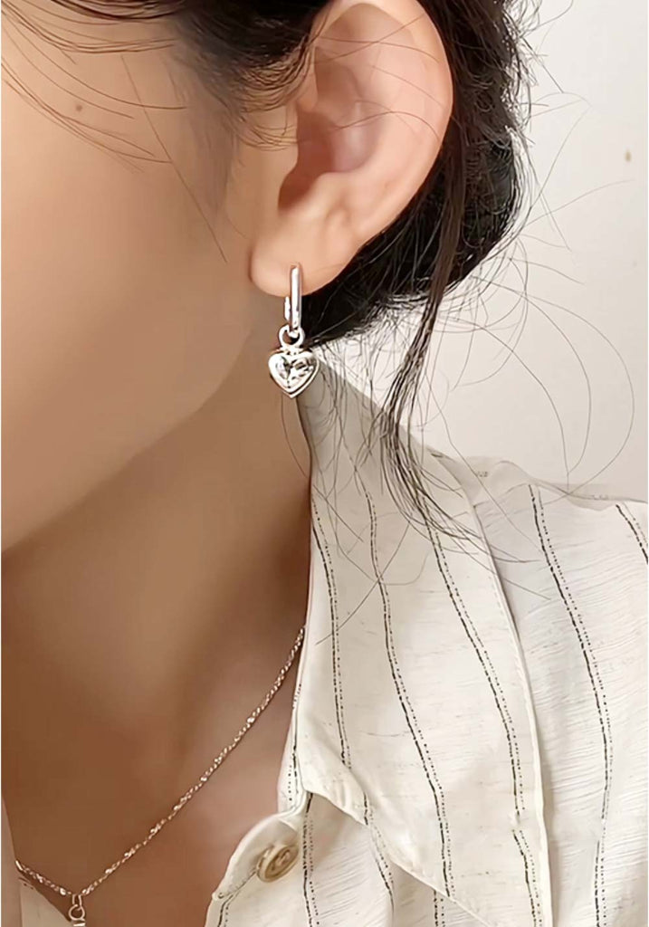 925 Silver Bold Chubby Heart Dangle U One-touch Earring