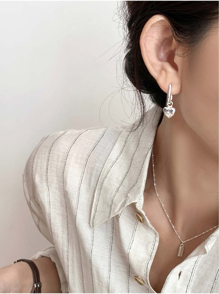 925 Silver Bold Chubby Heart Dangle U One-touch Earring