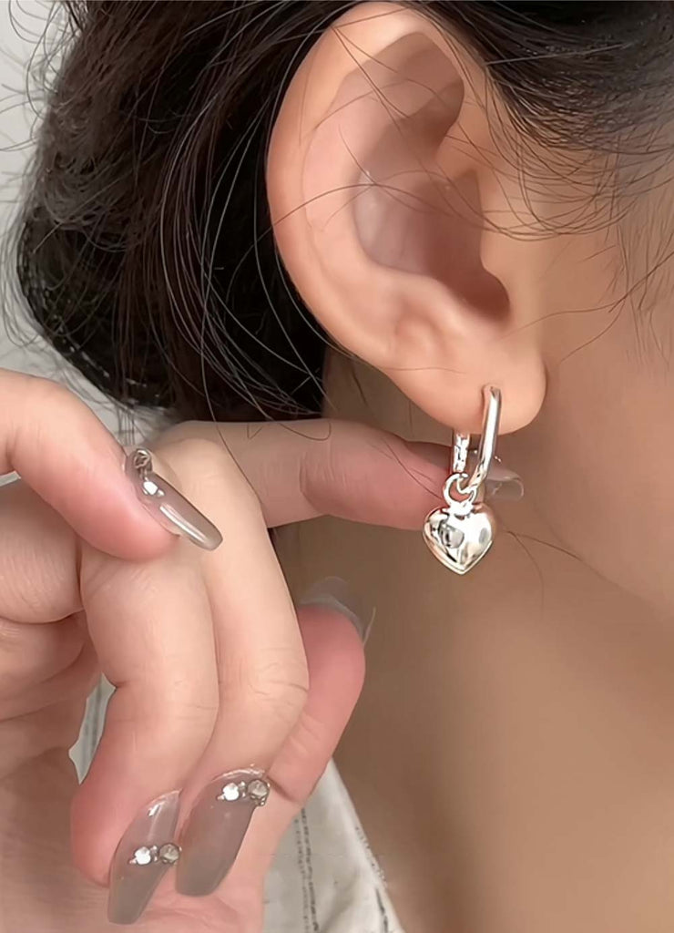 925 Silver Bold Chubby Heart Dangle U One-touch Earring