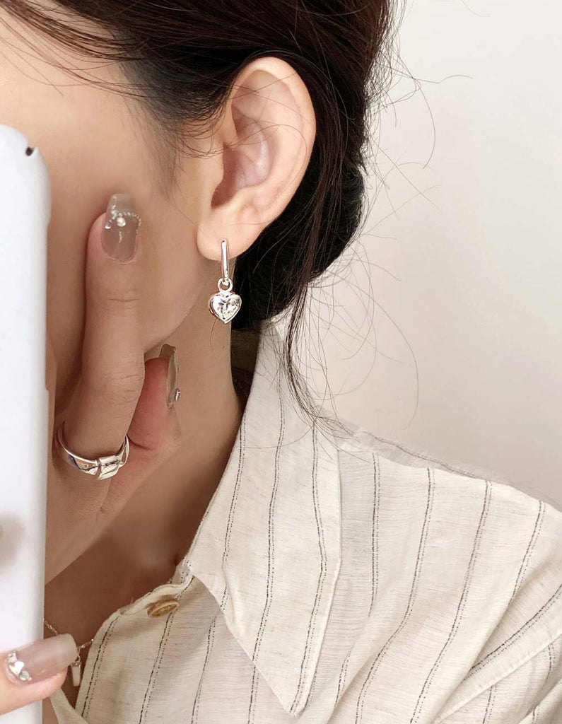925 Silver Bold Chubby Heart Dangle U One-touch Earring