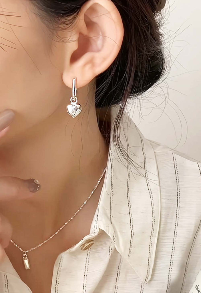925 Silver Bold Chubby Heart Dangle U One-touch Earring