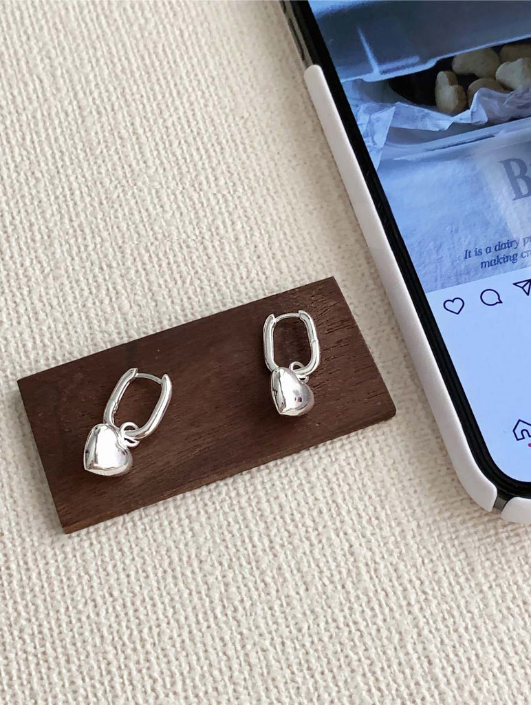 925 Silver Bold Chubby Heart Dangle U One-touch Earring