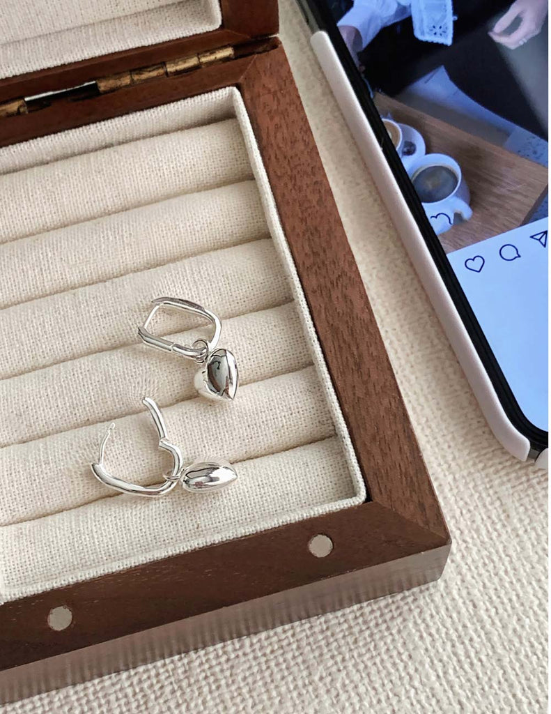 925 Silver Bold Chubby Heart Dangle U One-touch Earring