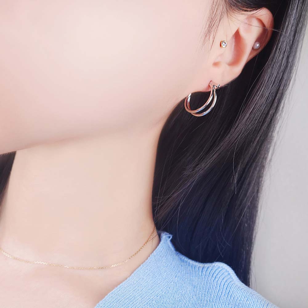 925 Silver Cubic Stick Two Ring Earring