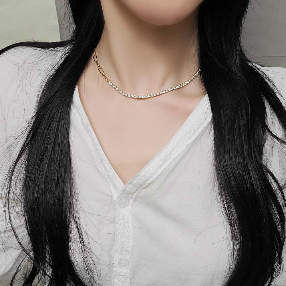 925 Silver Cubic Zulan Oval Chain Mix Choker Necklace