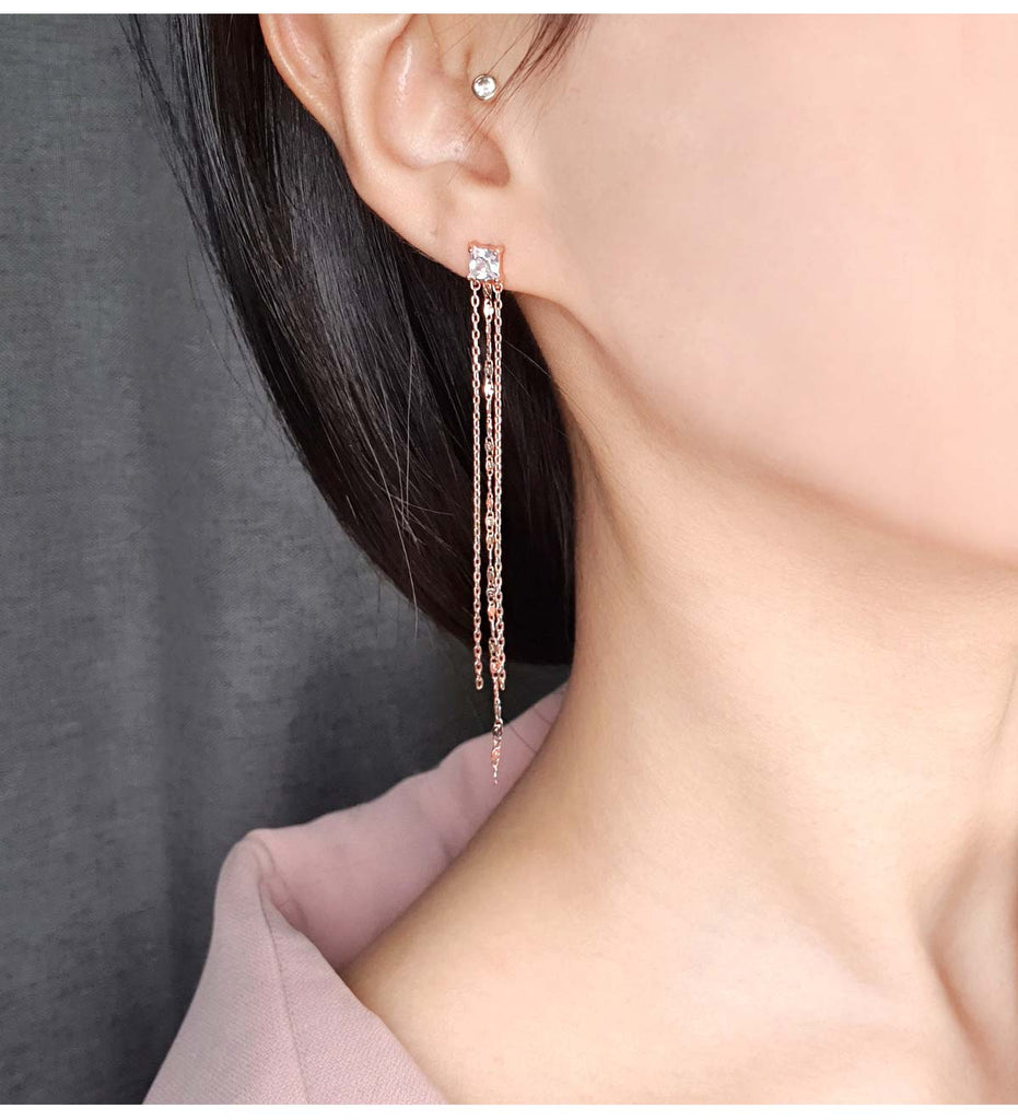 925 Silver Italian Square Cubic 3-line Drop Earring