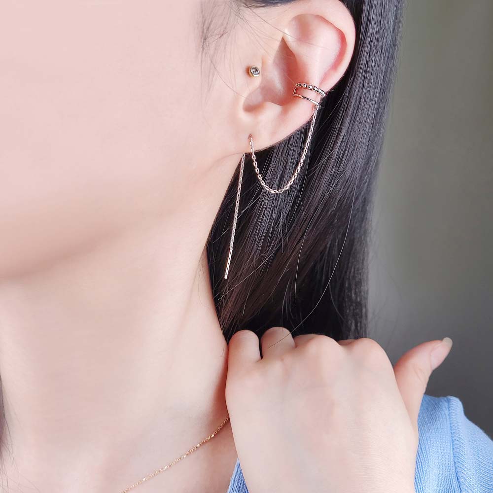 925 silver earlobe line long drop ear cuff
