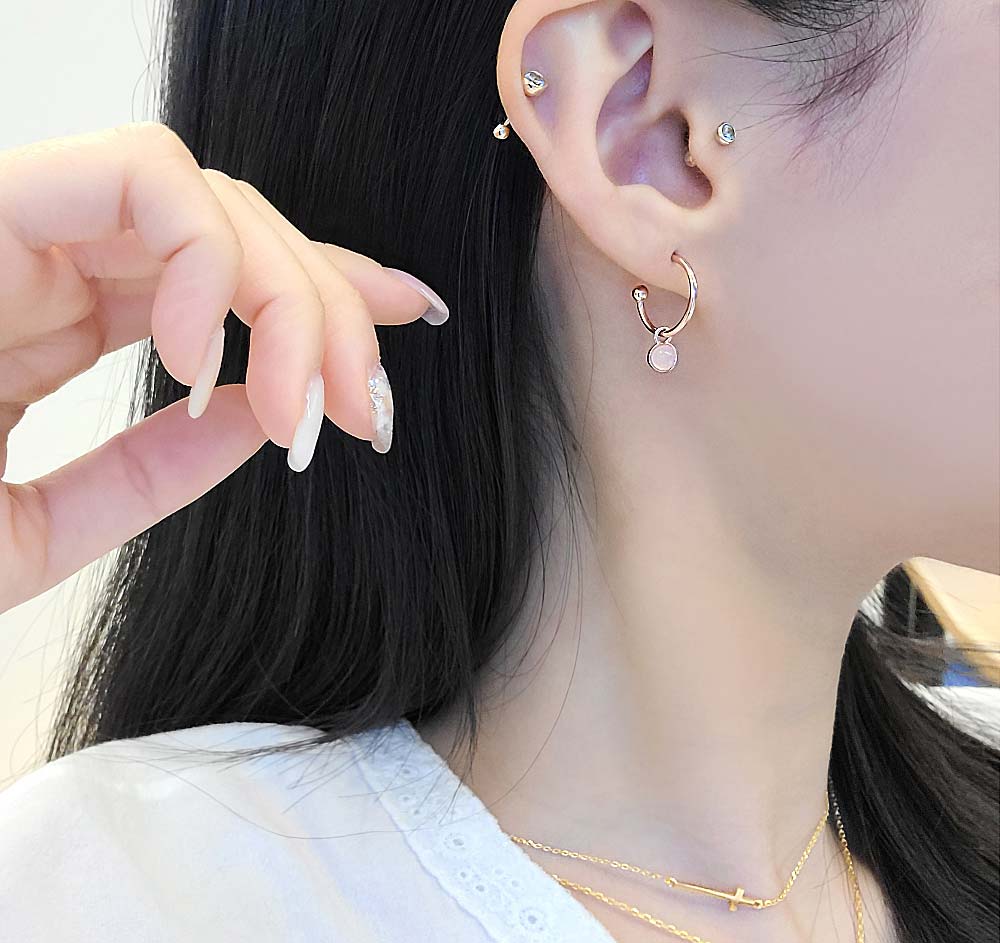 925 silver rosestone gemstone ball half ring earring